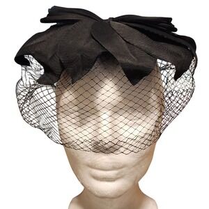 Vintage Black Net Veil Pillbox Hat Bow Ribbon Fascinator Formal Occasion